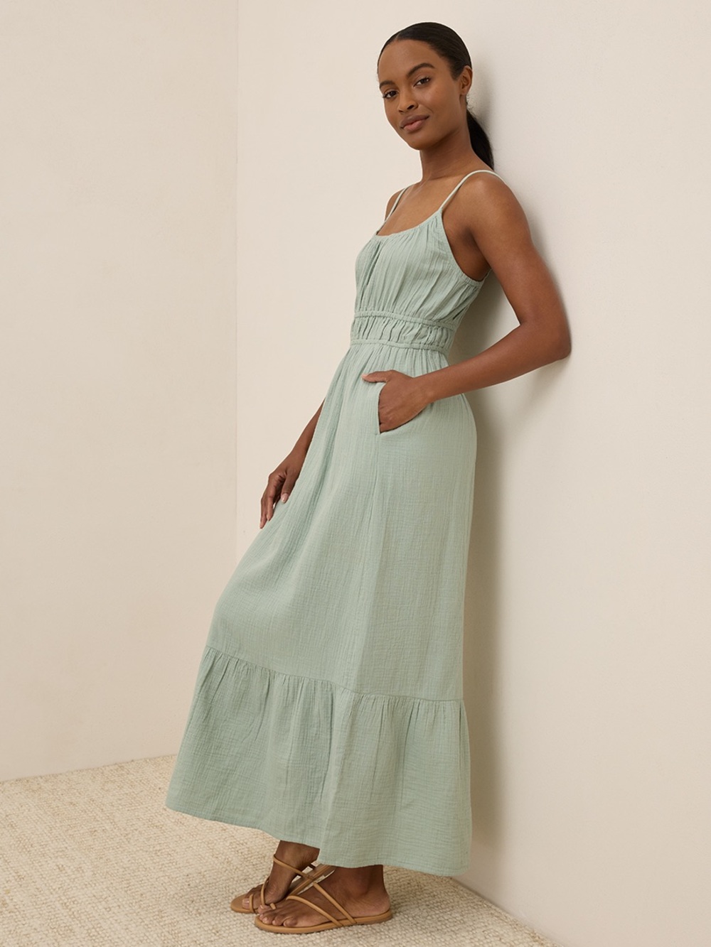 Pact Coastal Double Gauze Cami Maxi Dress Blue Green Size Medium - Picture 2 of 14